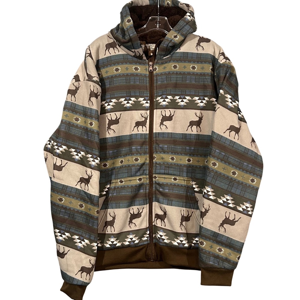 Big Ball Sports Mens Sherpa Lined Hoodie Deer Southwestern Print Brown Large